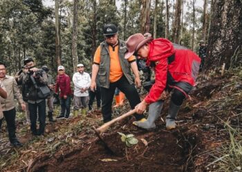 Kepala Dinas Kehutanan Provinsi Jawa Barat, Dodit Pancapana saat menggelar kegiatan penanaman pohon Kopi di Kampung Cisarua, Desa Kertawangi, Kecamatan Cisarua Kabupaten Bandung Barat bersama Steve Ewon,Jumat 19 Januari 2024