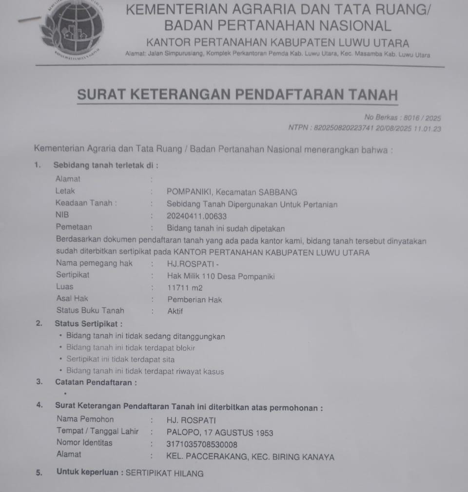 Pengumuman Sertifikat Tanah Hilang atas nama Hj Rospita, Di Desa Pompaniki Kecamatan Sabbang Selatan